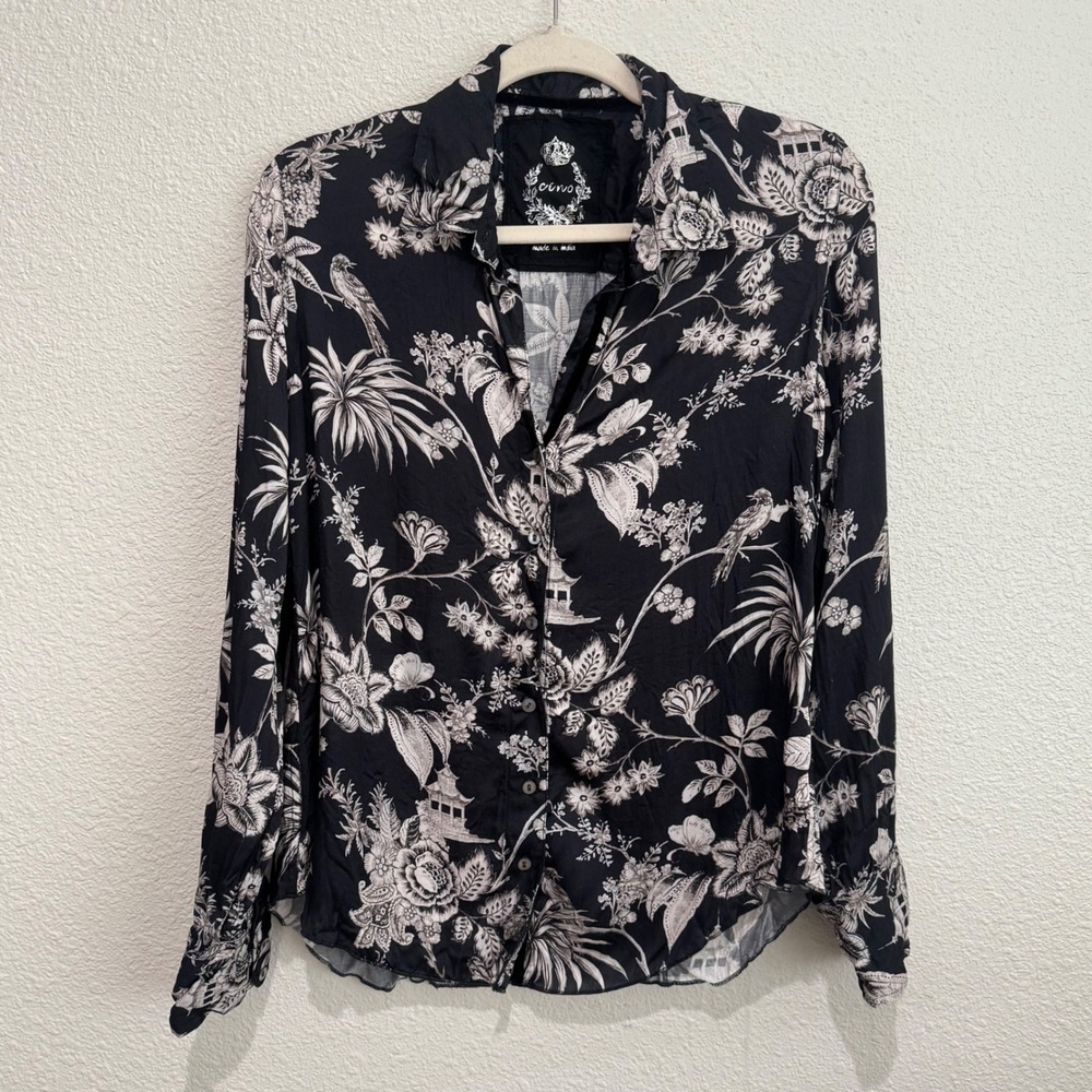Cino‎ Black White Floral Bird Asian Print Button Down Blouse Crinkle Preppy Boho